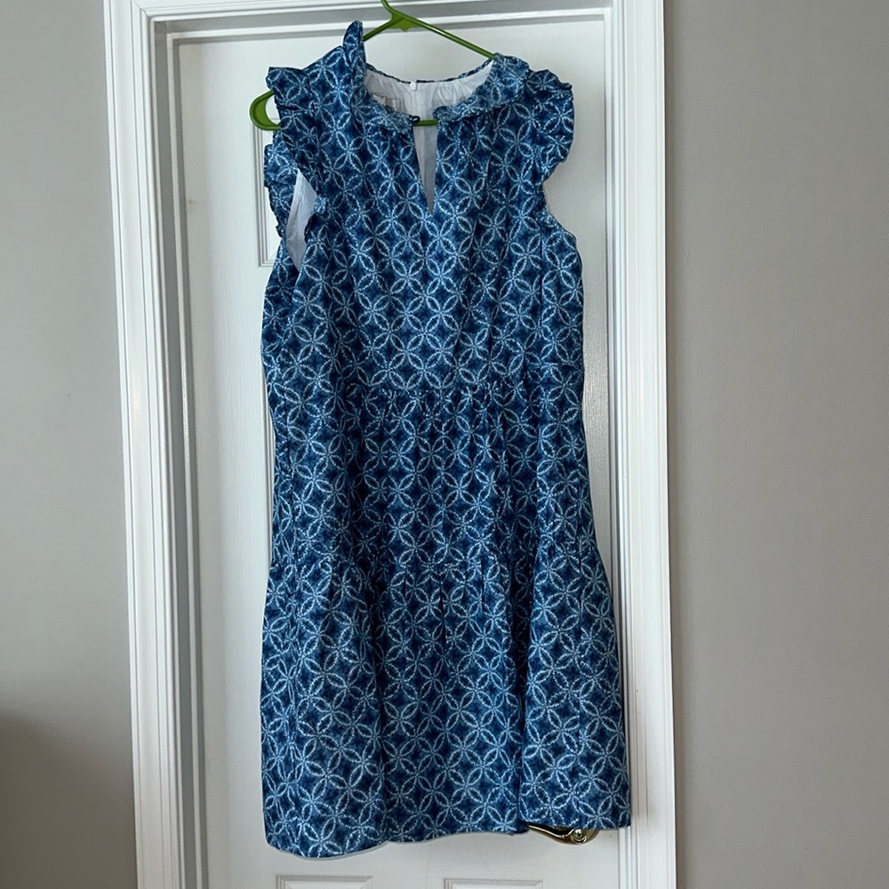 Blue Patterned Sleeveless Ruffle Neck Women's Dress